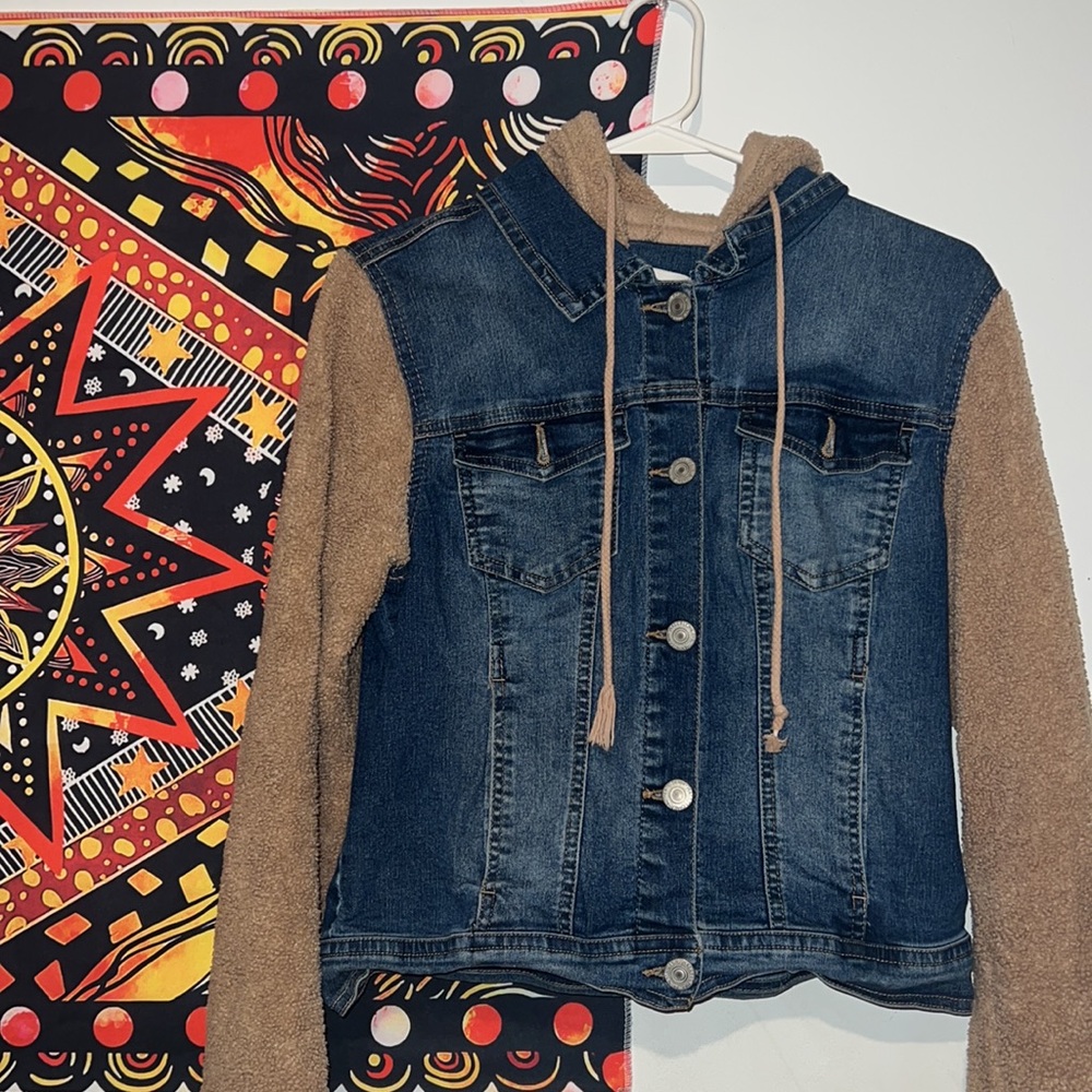 hooded furry jean jacket long sleeve authentic denim